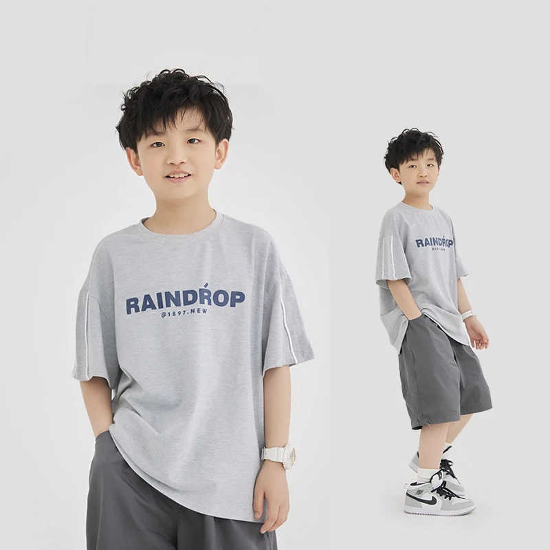 MT原创童装日系男童短袖t恤夏季新款儿童半袖灰色字母印花中大童