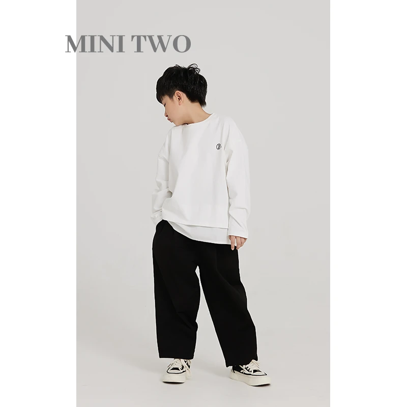 MT原创童装日系男童长袖t恤白色拼接印花打底衫儿童上衣中大童潮