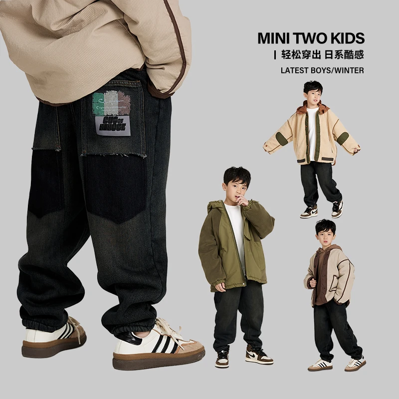 MT原创童装日系男童加绒加厚牛仔裤做旧水洗重工秋冬款裤子中大童