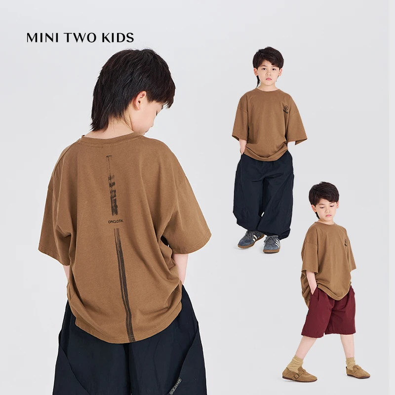 MT原创童装日系男童短袖t恤拼接印花圆领半袖夏季新款中大童净色