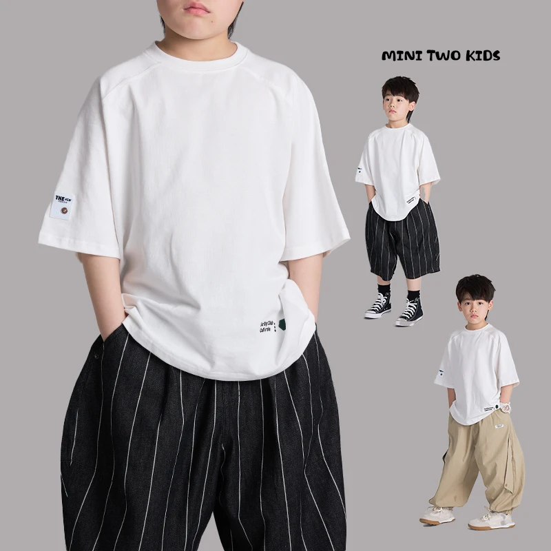 MT原创童装日系男童白色短袖t恤大落肩立体剪裁刺绣半袖中大童潮