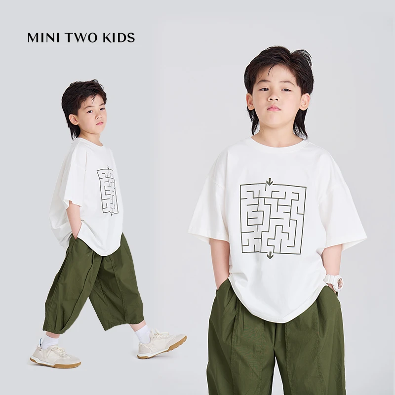 MT原创童装日系男童白色短袖t恤迷宫印花夏季新款中大童百搭半袖