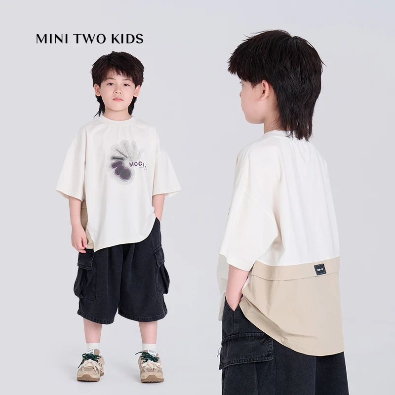 MT原创童装日系男童短袖t恤撞色拼接印花半袖中大童宽松休闲百搭