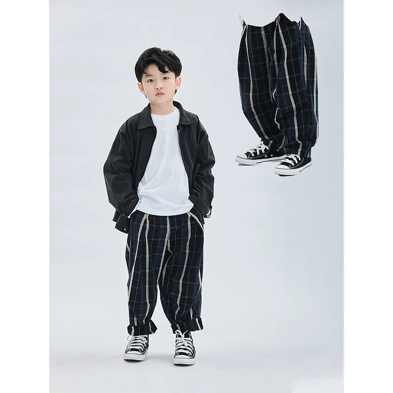 MT童装日系男童格子裤子新款儿童春秋款休闲裤套装竖条纹长裤