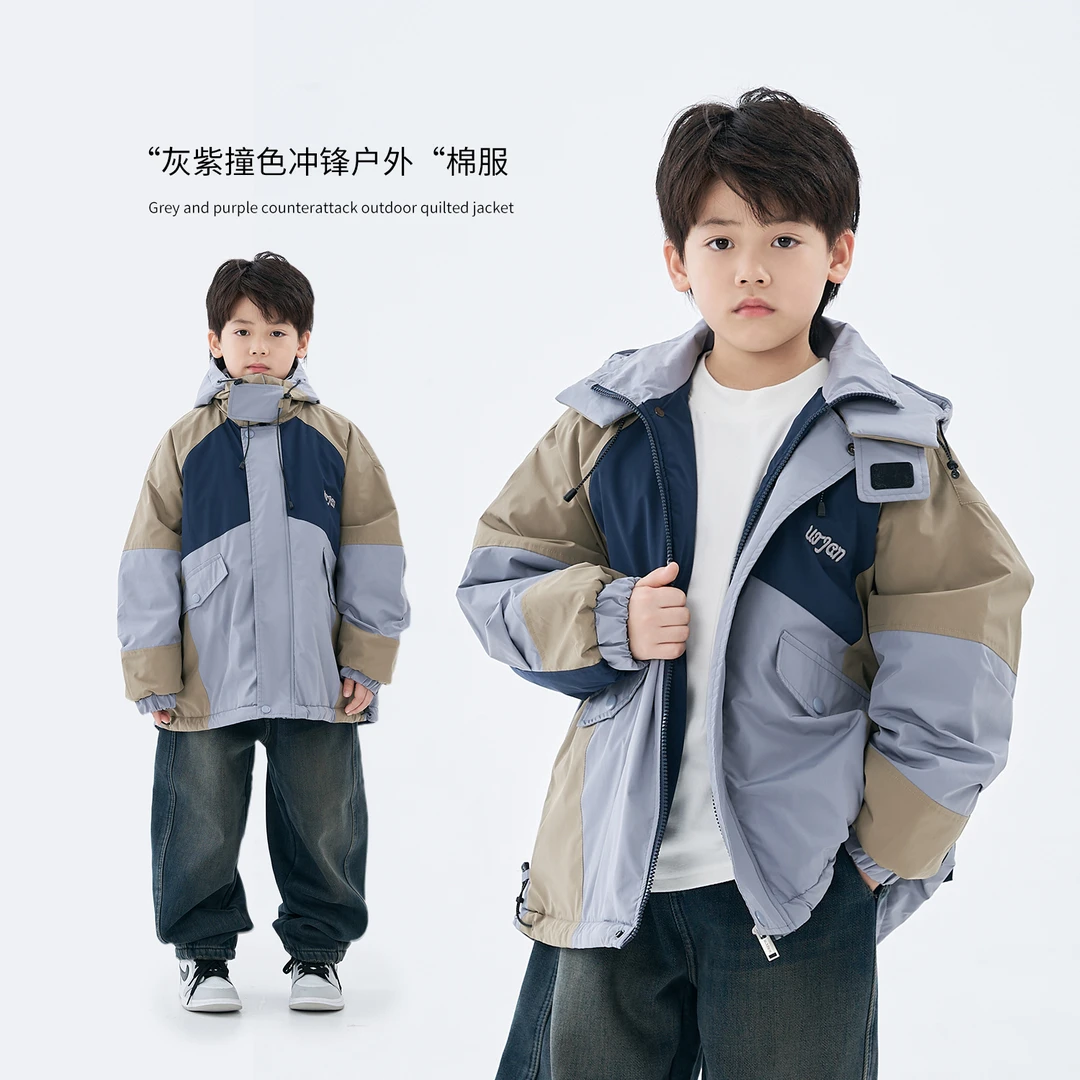 MT原创童装日系男童加棉加厚冲锋衣三色撞色拼接连帽外套户外服潮