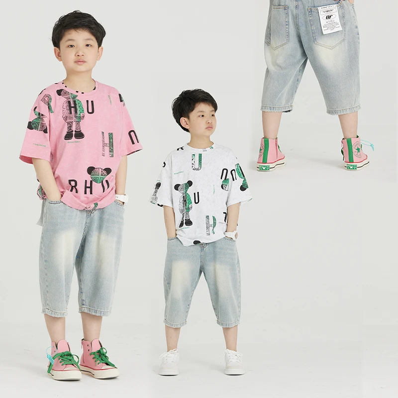 MT原创童装日系男童短裤浅蓝色牛仔七分裤夏季新款洗水做旧中大童