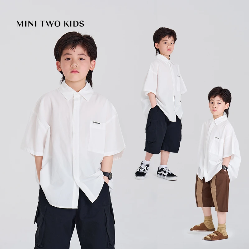 MT原创童装日系男童白色短袖衬衫儿童炸街夏款衬衣中大童演出服潮