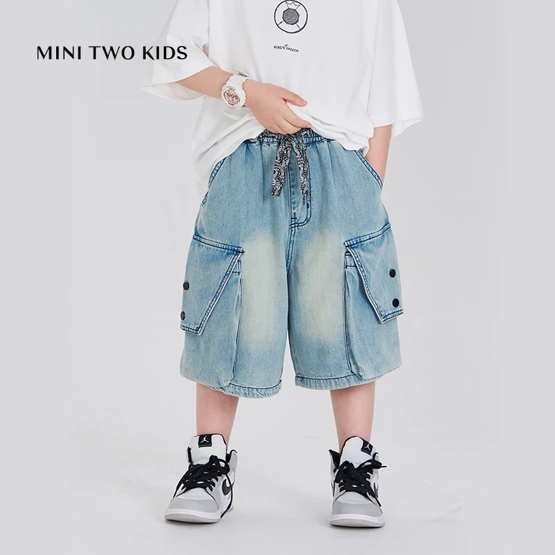 MT原创童装日系男童复古牛仔五分裤洗水做旧短裤夏季新款中大童潮