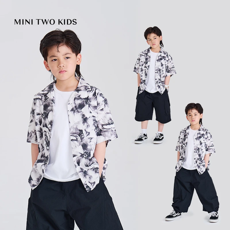 MT原创童装日系男童短袖衬衫新中式国潮风儿童嘻哈街舞衬衣度假
