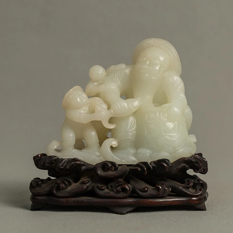 清代 和田玉雕渔翁童子人物山子摆件（红木座）古董艺术品