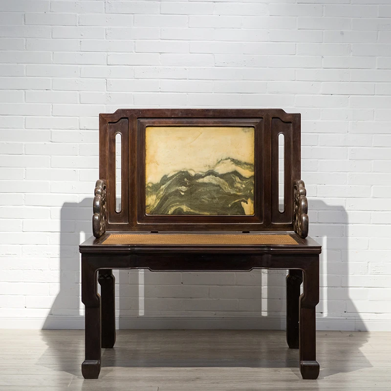 清代 红木镶云石背屏龙纹宝座 古董家具