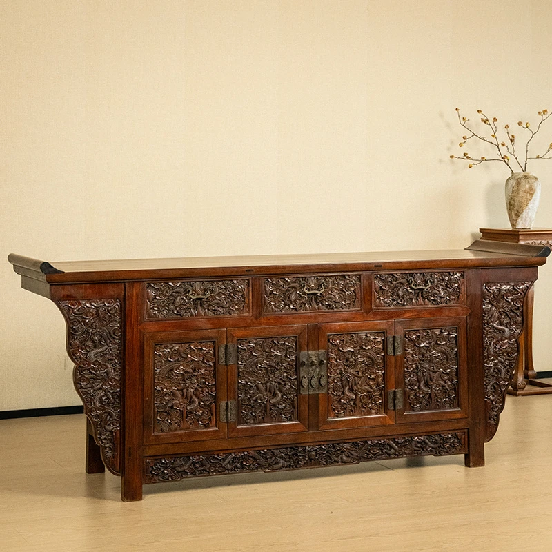 二十世纪红木满工云龙纹三联闷户柜中式古典家具大红酸枝餐边柜