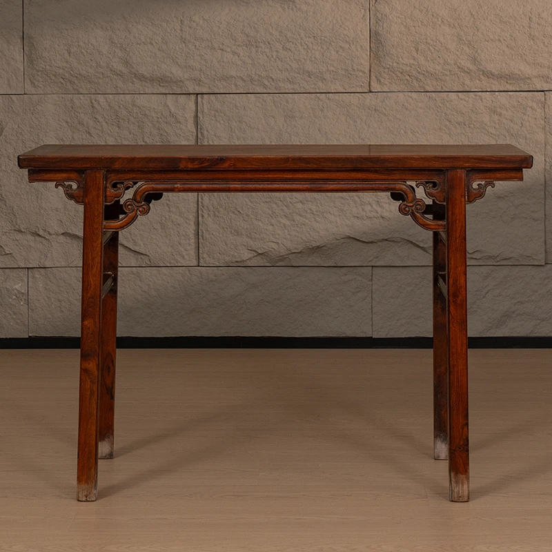 清代 红木夹头榫高罗锅枨灵芝纹平头案 古董家具