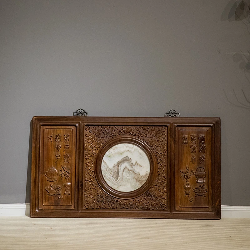 清代 红木镶云石高浮雕博古图诗文挂屏 天然云石天圆地方古董家具
