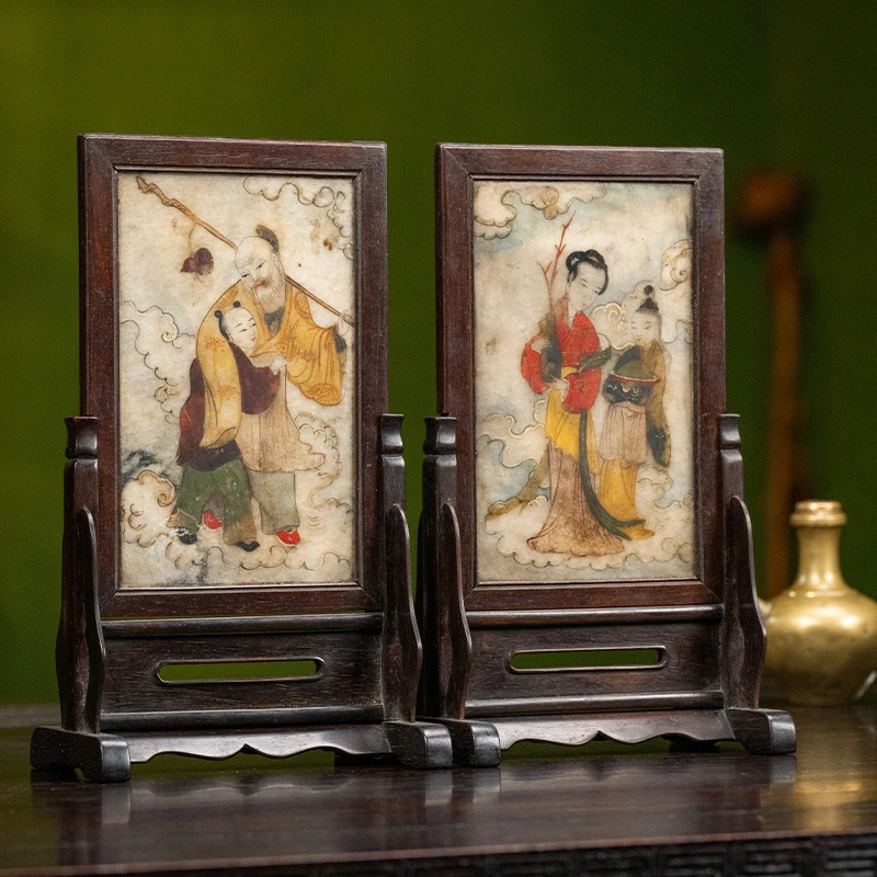 清代 红木镶云石彩绘人物诗文砚屏（一对） 古董收藏品