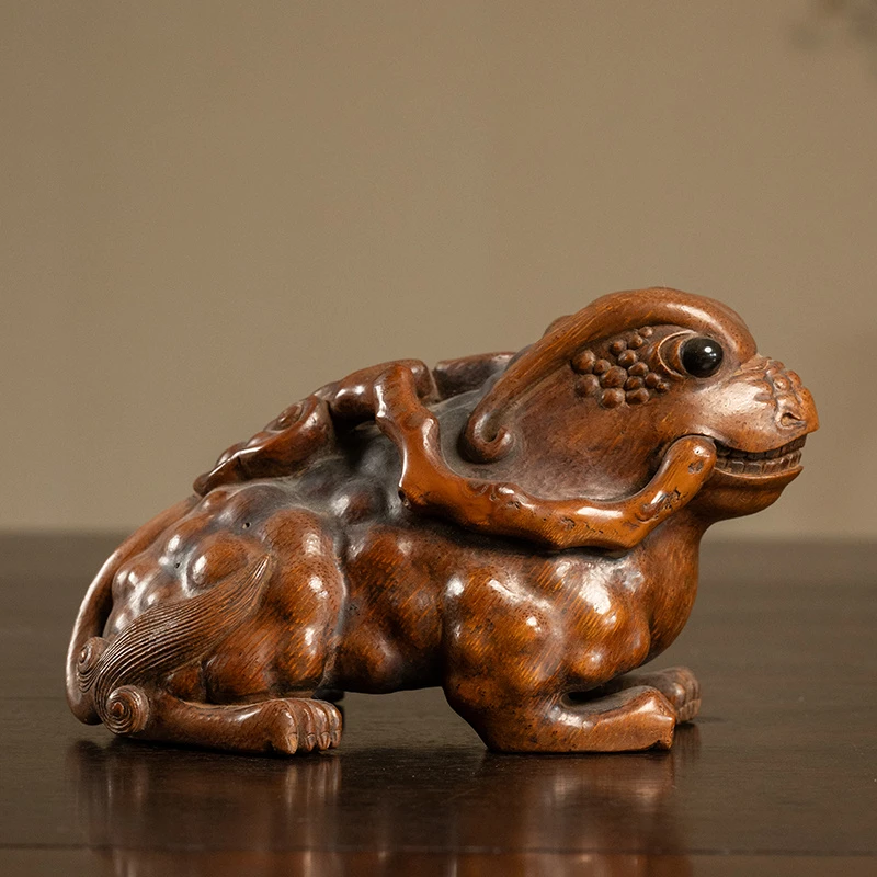 民国竹雕瑞兽衔灵芝摆件文玩古董收藏真品竹制艺术品中式祝福摆件