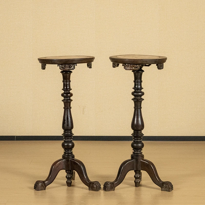 民国红木镶云石独梃式圆台（一对）老红木家具收藏花几茶台