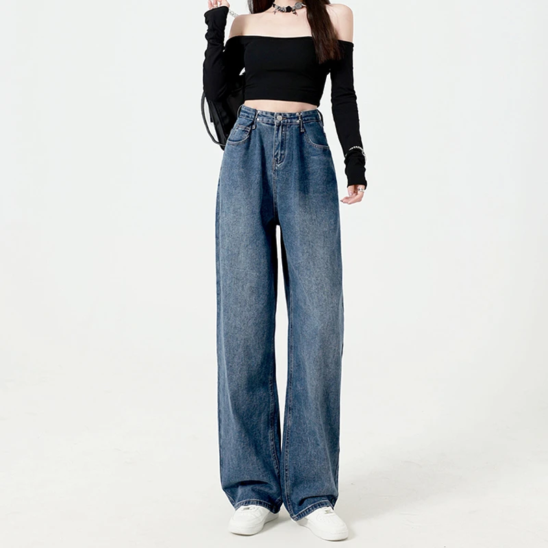 早春高腰小个子牛仔皱褶拖地长裤BF风老爹裤阔腿直筒裤宽松女