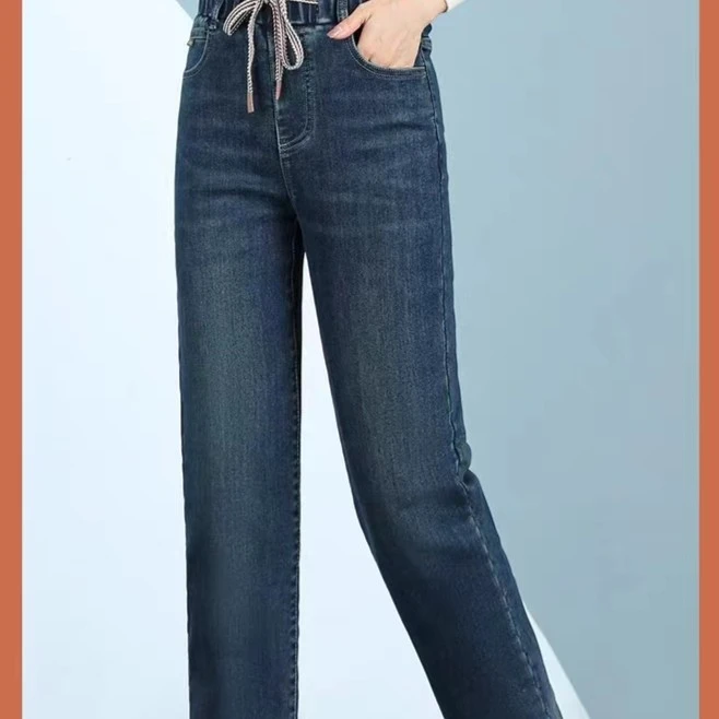 蚕丝棉牛仔裤女加绒加厚冬季外穿高腰大码宽松中老年妈妈直筒裤