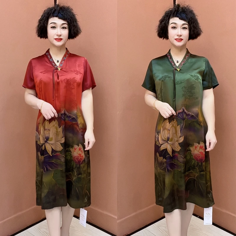 夏季V领宽松连衣裙妈妈装气质洋气复古打底裙