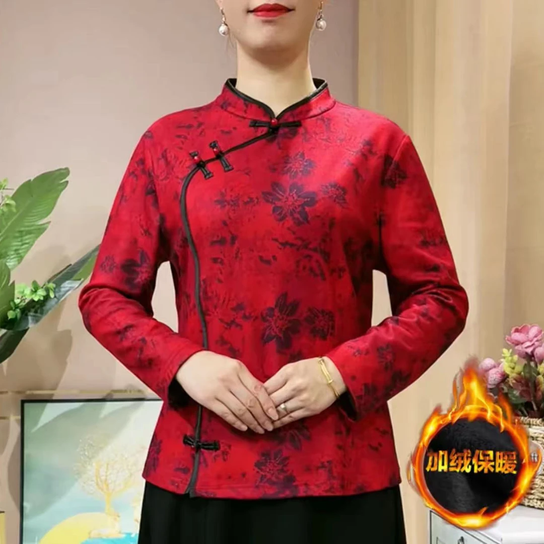 2769#妈妈秋冬加绒旗袍衫中老年女装冬季保暖立领新中式小衫