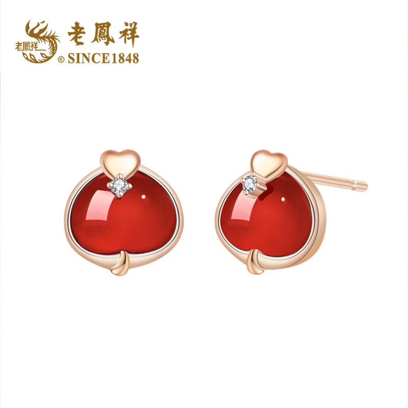 老鳯祥 925银耳饰 爱心蛇宝耳钉女红色百搭Y
