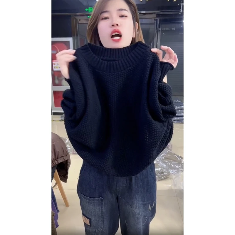 卷边针织衫女2023秋冬新款高级感洋气百搭纯色菠萝纹圆领长袖毛衣