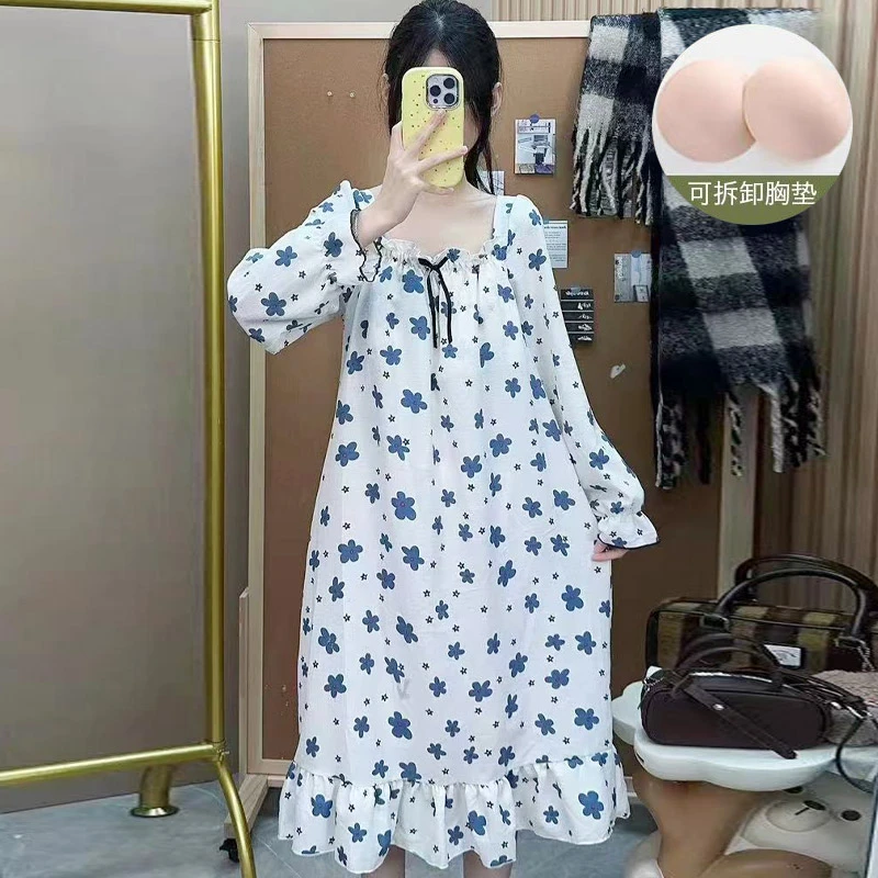 睡裙女春秋款带胸垫长袖公主风中长款网红爆款可外穿防凸点睡衣裙