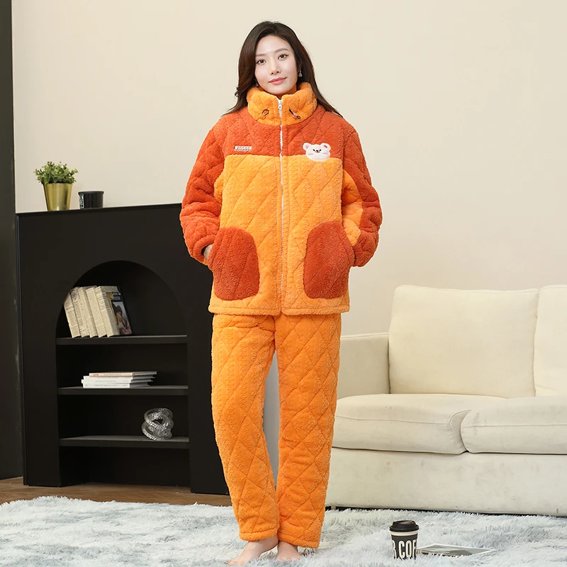 冬季女士加绒加厚家居服睡衣女时尚套装短款马卡龙色可外穿