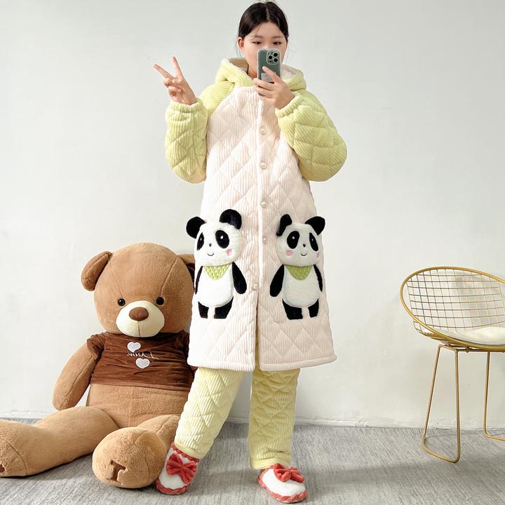 卡通动物连帽加绒睡衣家居服可外穿冬季夹棉加厚款女士冬居家服