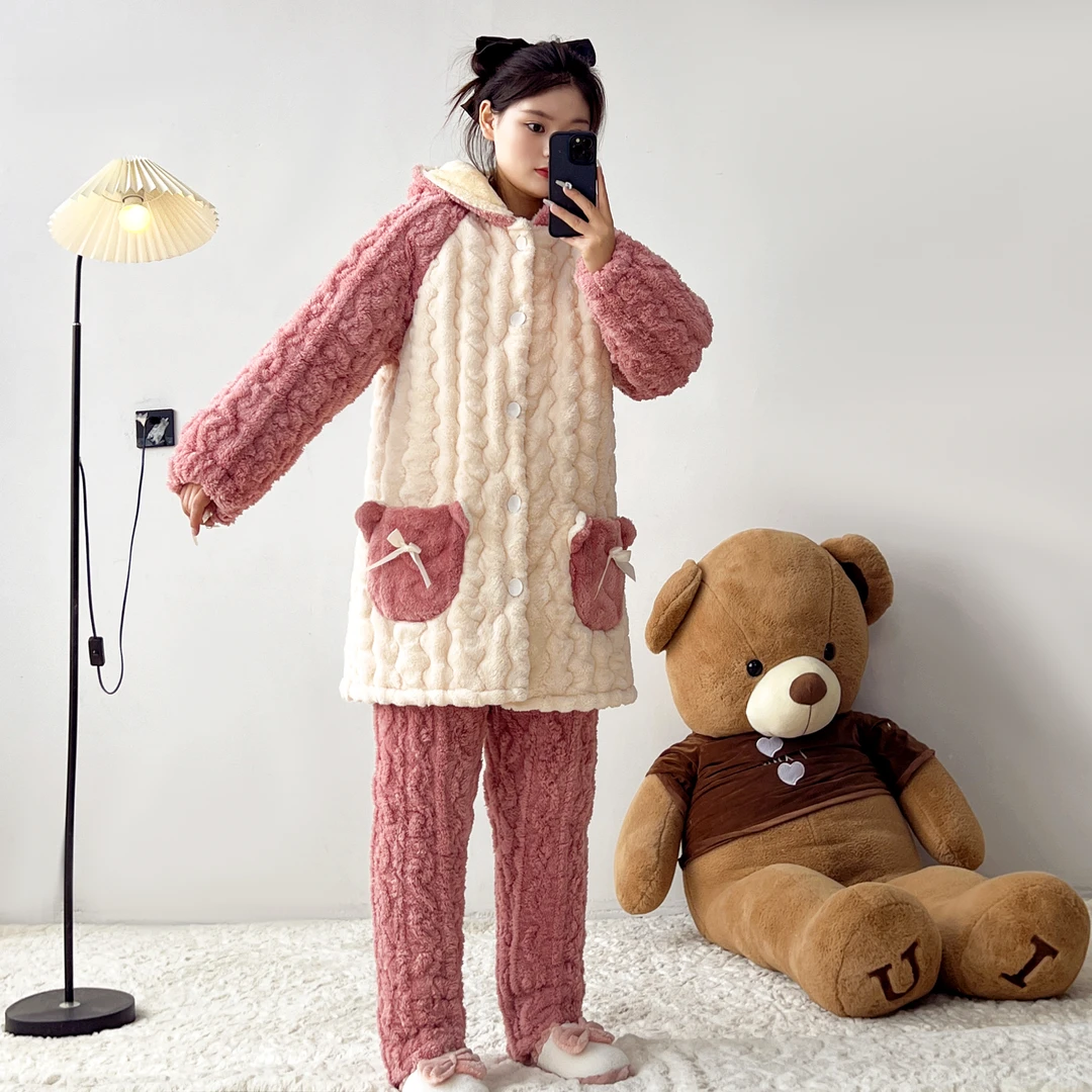 秋冬季女款粉色拼接蝴蝶结口袋家居服可外穿三层夹棉加厚睡衣