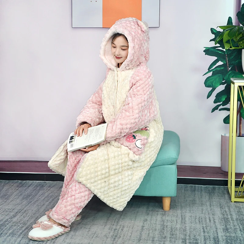 卡通可爱猫猫口袋睡衣家居服可外穿冬季夹棉加厚款女士居家服秋冬