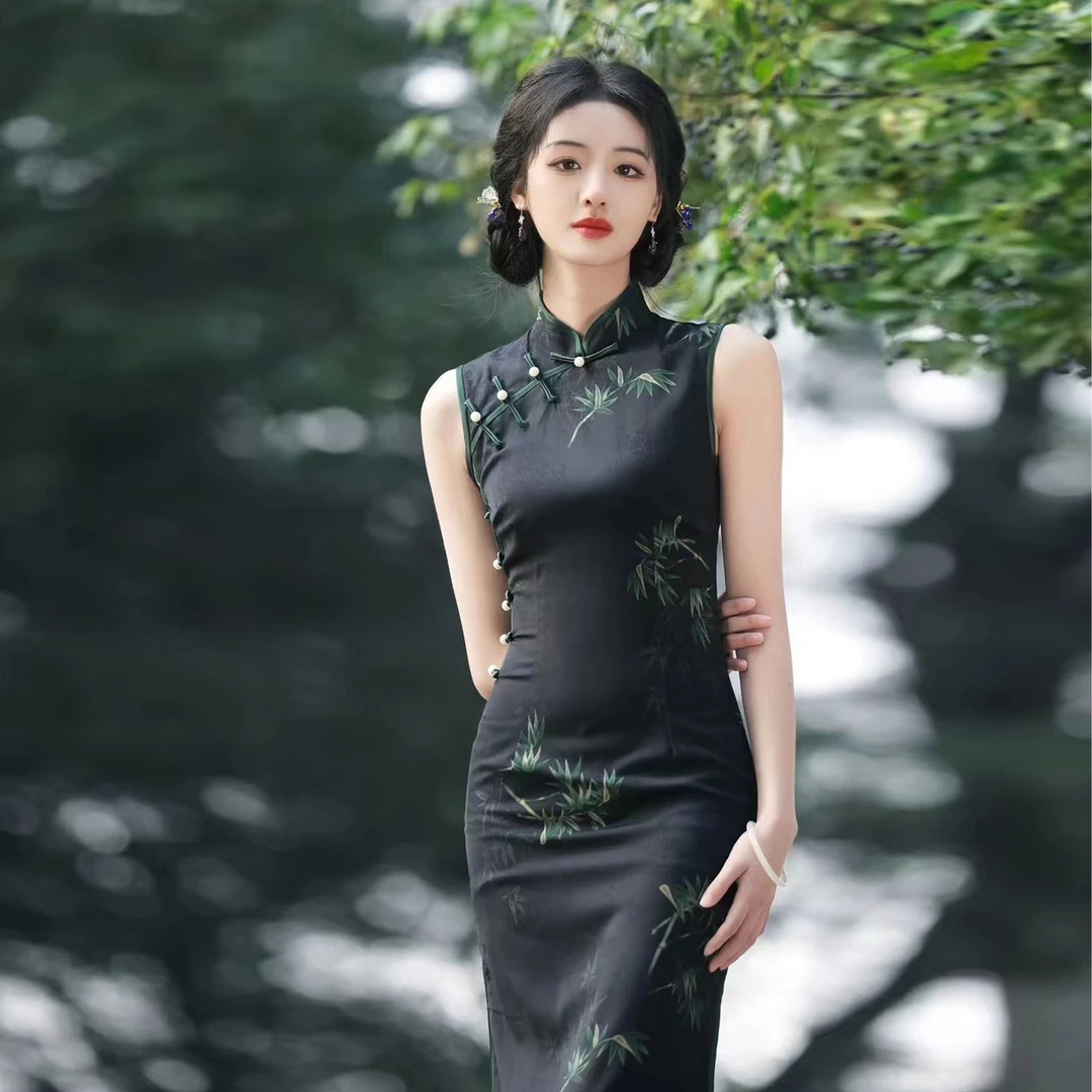 【青竹】春夏黑色网红少女款新中式旗袍气质优雅显瘦日常国风连衣裙
