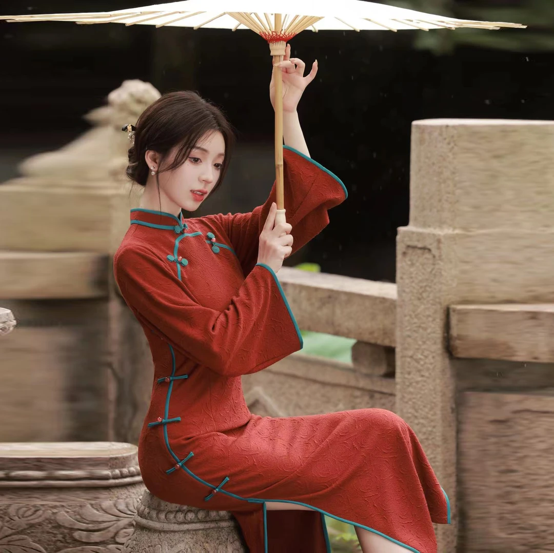 【叶喜】春秋年轻高级感红色复古新中式旗袍气质修身日常秋冬连衣裙