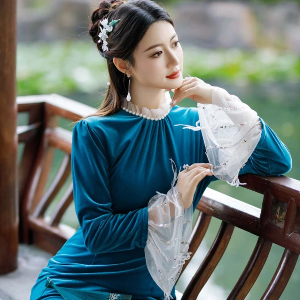 【婉羽】2025春秋改良金丝绒高端羽毛袖优雅旗袍法式长袖气质晚礼服