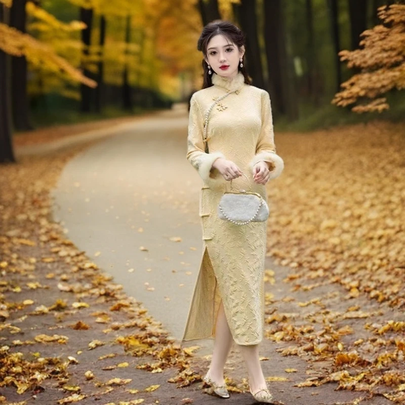 【思禾】秋冬高档年轻少女毛领保暖款复古新中式旗袍气质长袖连衣裙