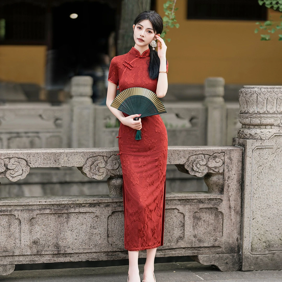 【云喜】新款新娘订婚红色提花三分袖国风旗袍婚礼敬酒回门日常礼服