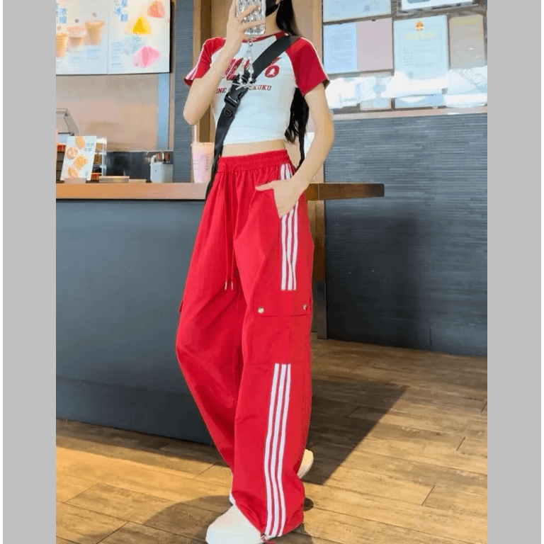 美式复古高腰百搭侧杠条轻薄工装裤女2024夏季新款速干运动裤