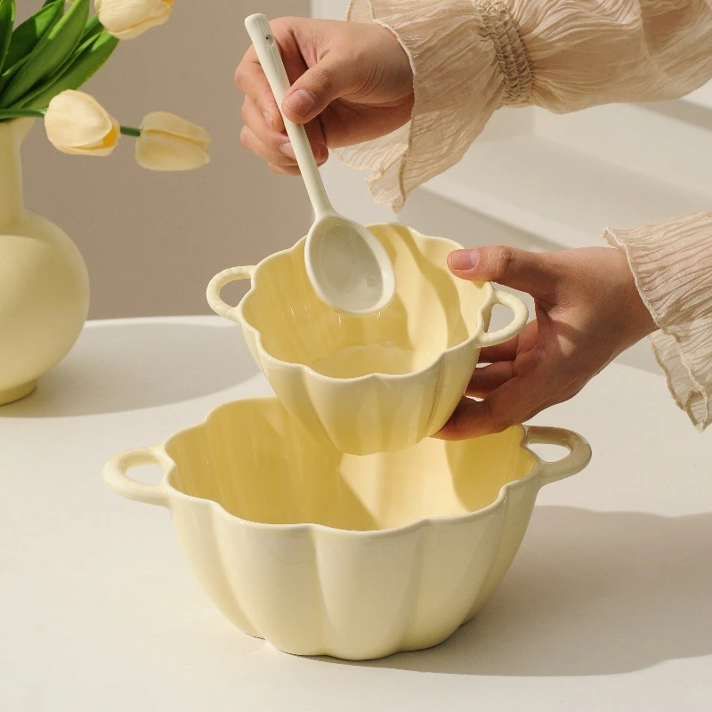 奶油蘑菇汤碗陶瓷双耳泡面碗可爱ins高颜值家用螺蛳粉汤碗勺