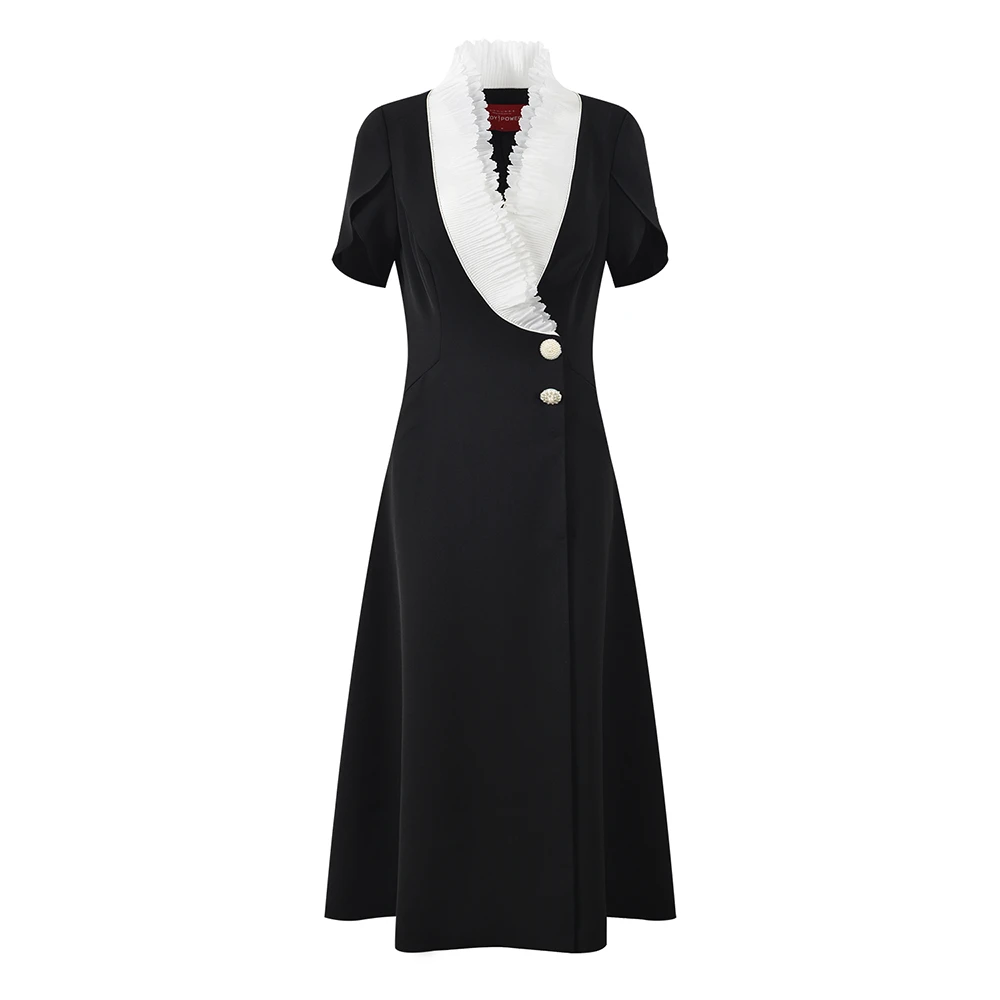 LADYPOWER气质名媛显瘦白色双层花边镭射领中长连衣裙 61620I