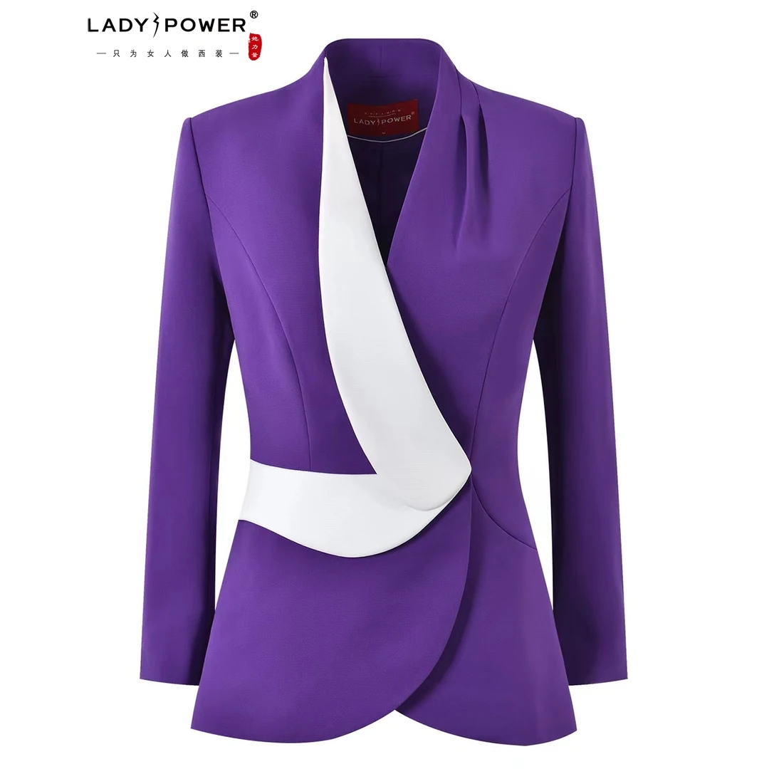 LADYPOWER回折撞色拼接翻领翘腰西服西装上衣 61740A