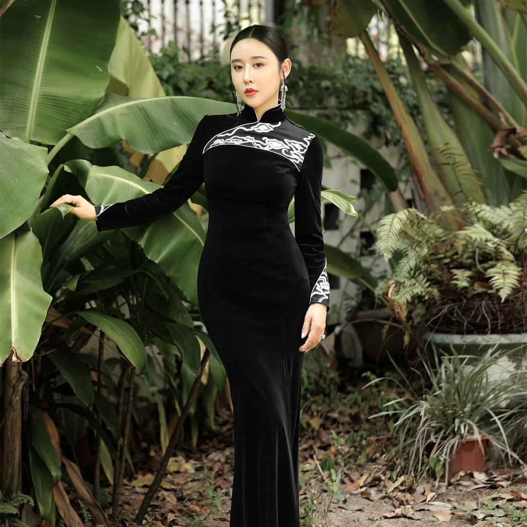 LADY POWER 黑色渐变祥云拼纱国风旗袍 41560Q