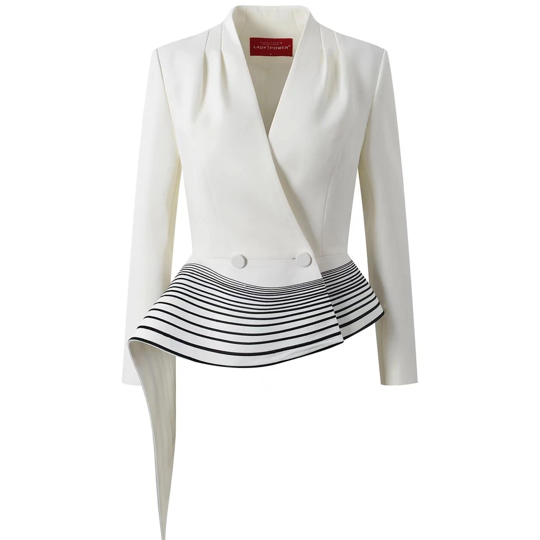 LADYPOWER时尚重工刺绣白色V领大荷叶边珍珠渐变西装上衣61631A