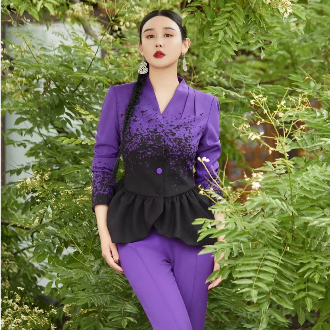 LADYPOWER黑紫渐变深V大花边褶皱衣摆套装61400A/F