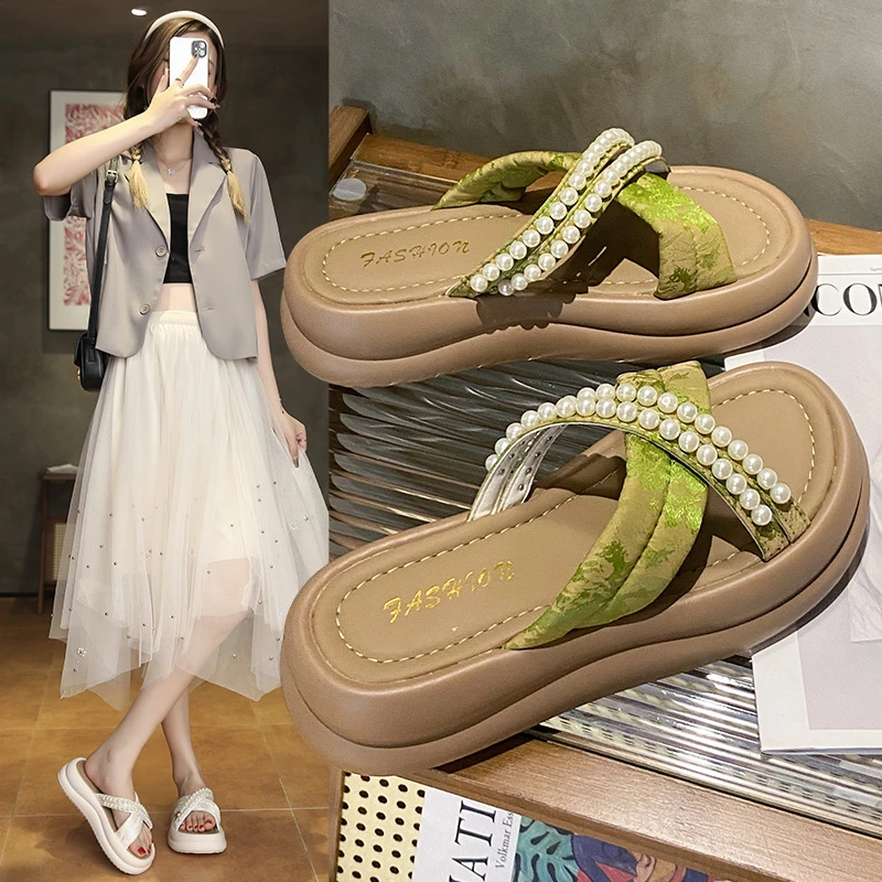涵 2024国风珍珠女外穿2024新款夏季软底时尚外出防滑沙滩凉拖鞋