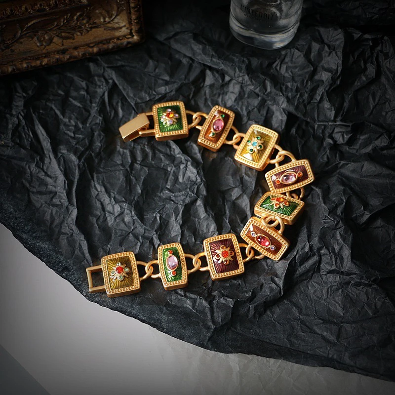 铜合金珐琅手链 中古Vintage复刻古法金彩色滴釉手链时尚重工轻奢