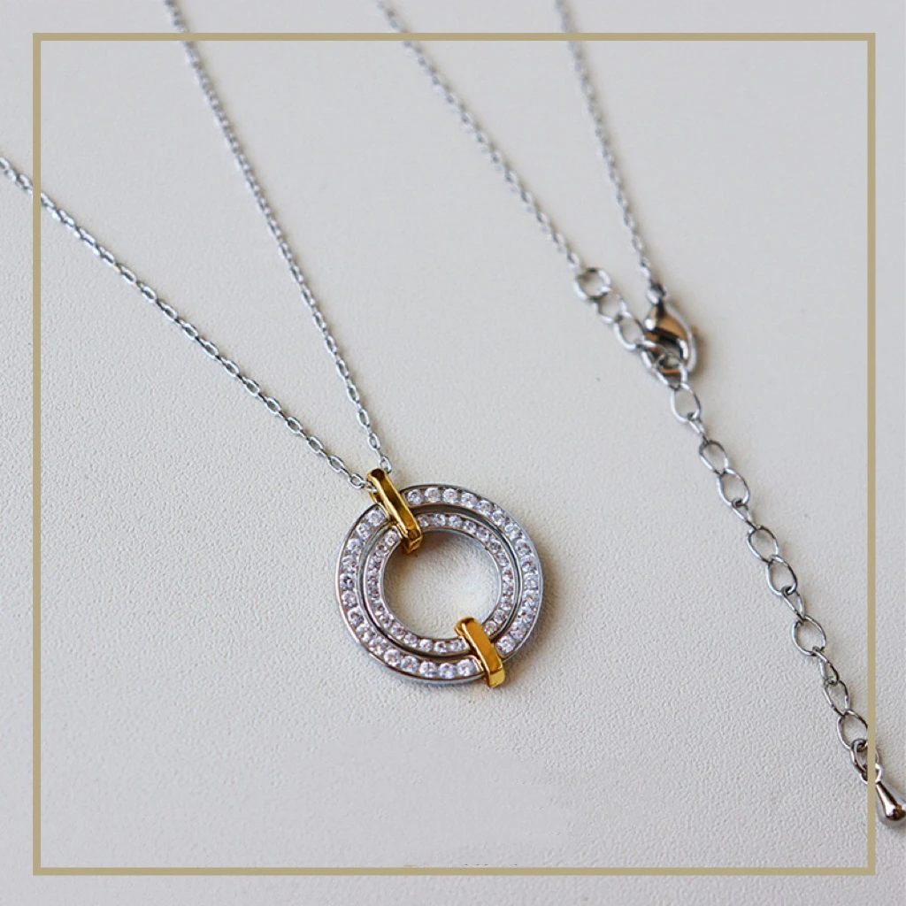 铜合金项链 欧美轻奢时尚镶锆双环百搭高级感简约复古个性锁骨链