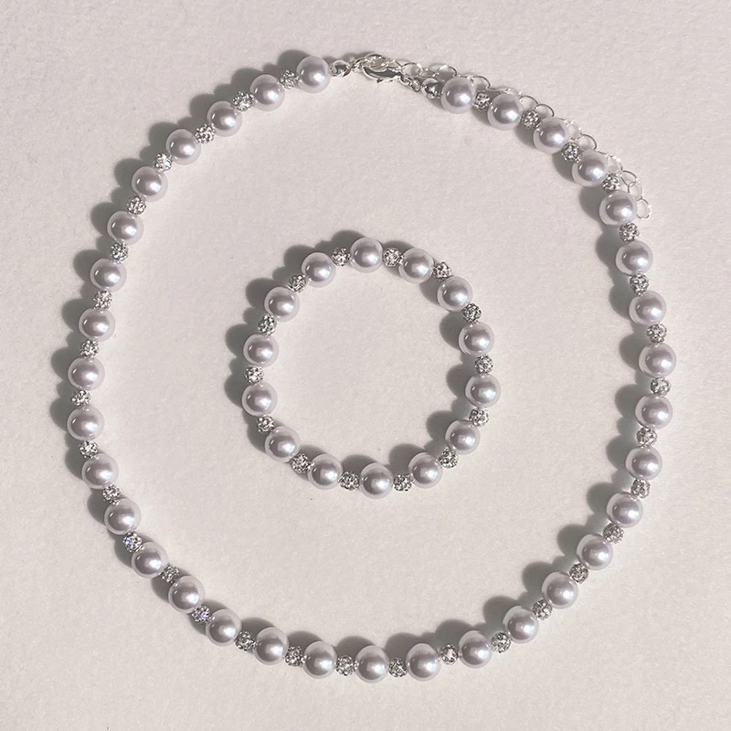 铜合金仿珍珠项链 锆石星球珍珠小众精致轻奢穿珠项链手链套装