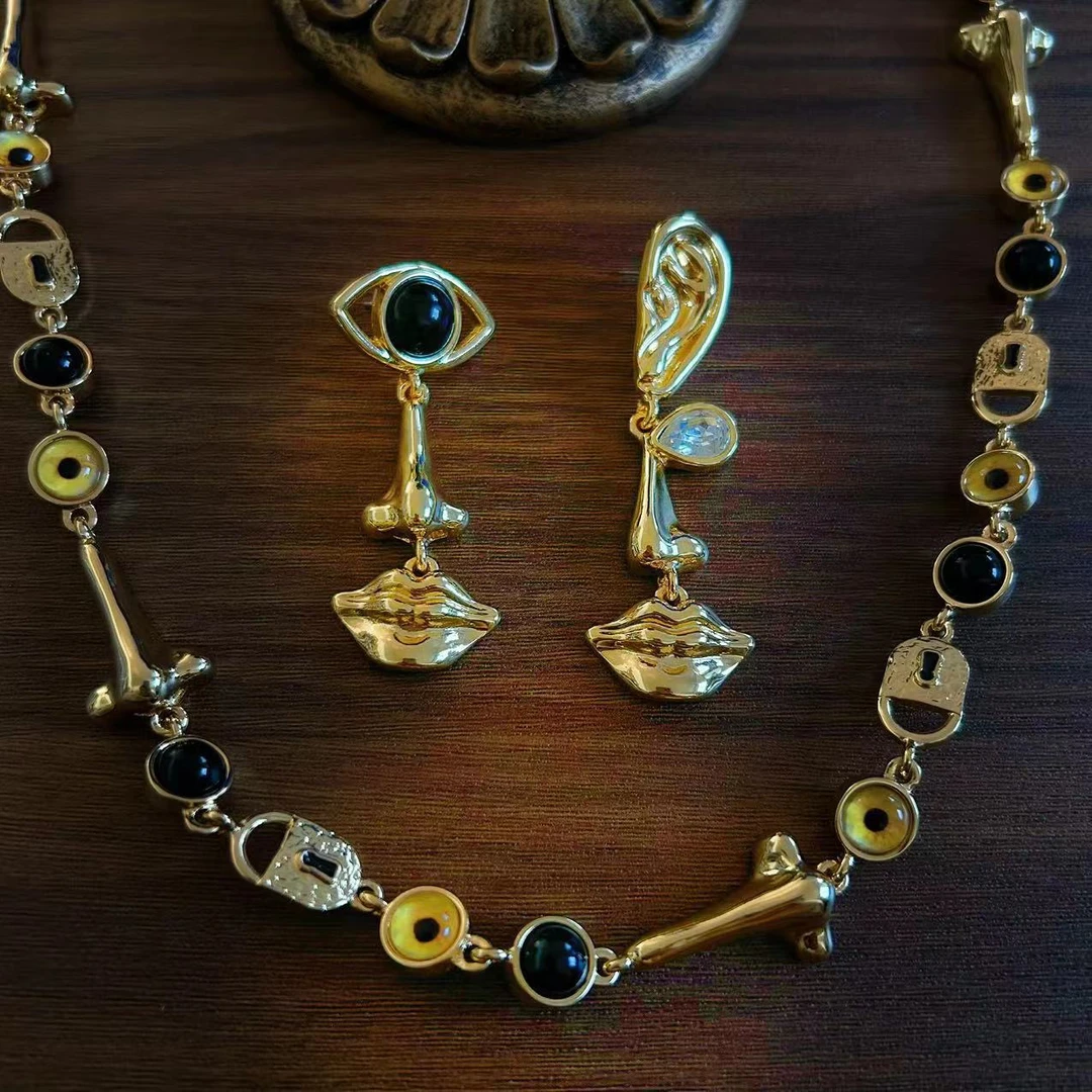 铜合金琉璃项链 项链耳饰套装中古vintage恶魔之眼Schiaparelli
