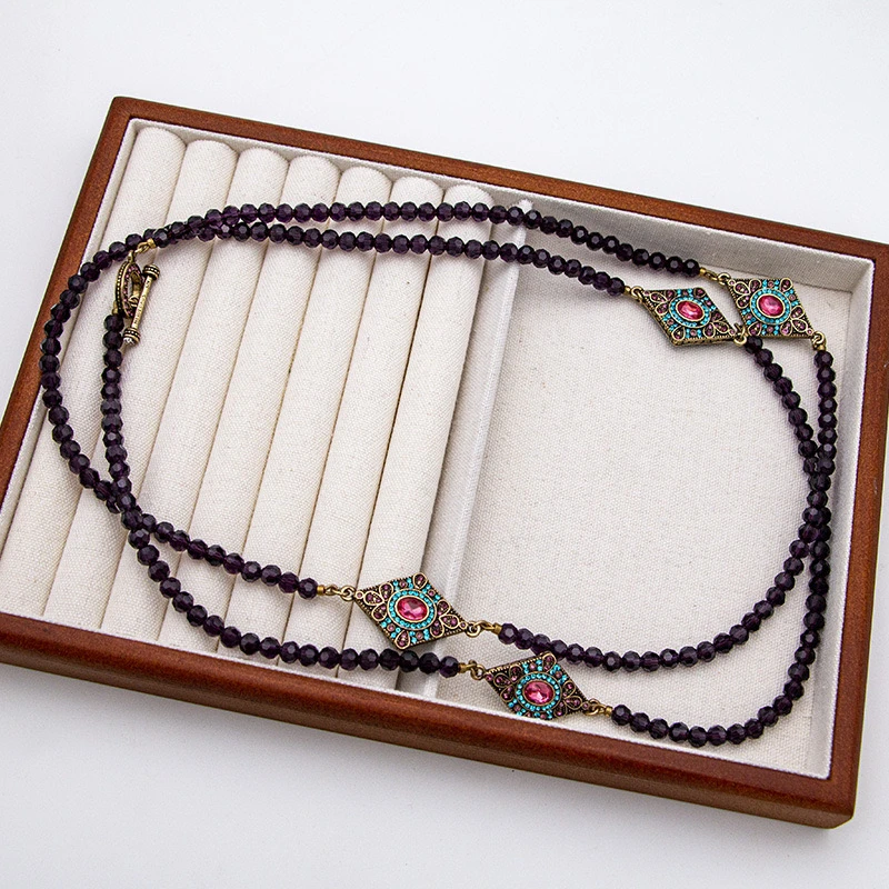 铜合金项链 项链耳饰套装中古vintage方形满锆石耳环紫色长项链